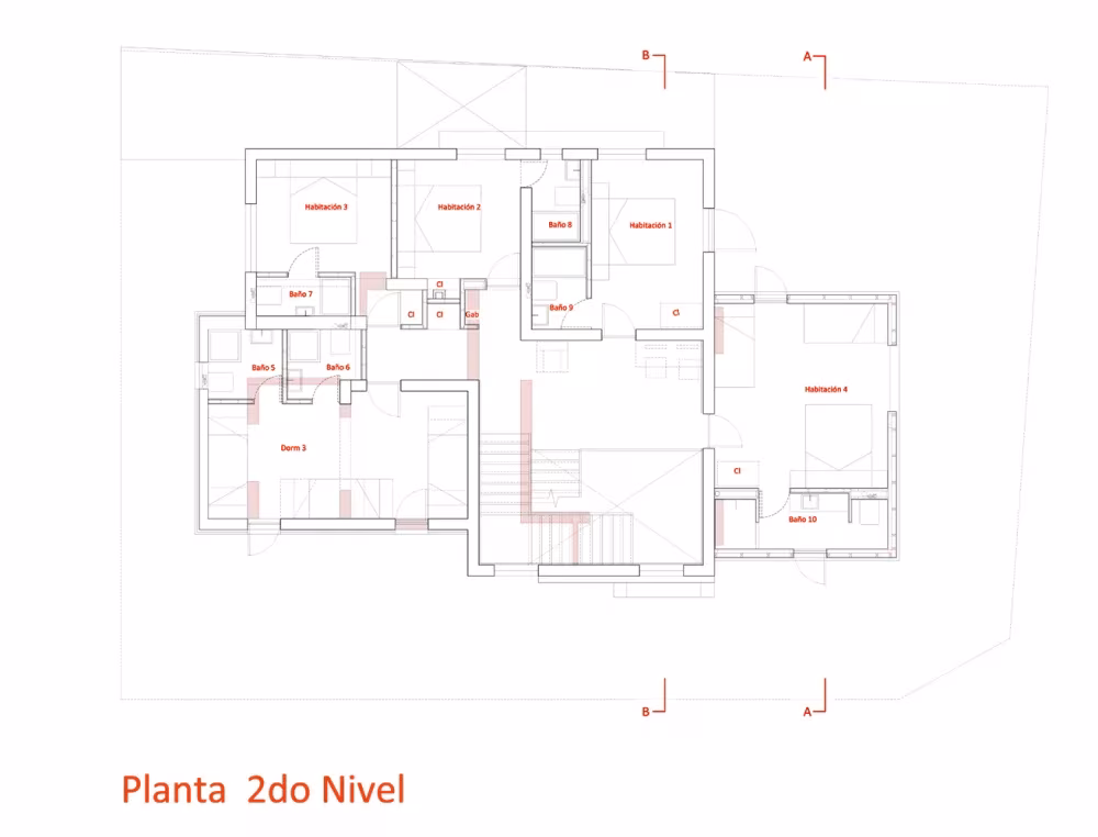 Planta del segundo nivel del Hostal Caracol de FOAA Arquitectos, con habitaciones y baños