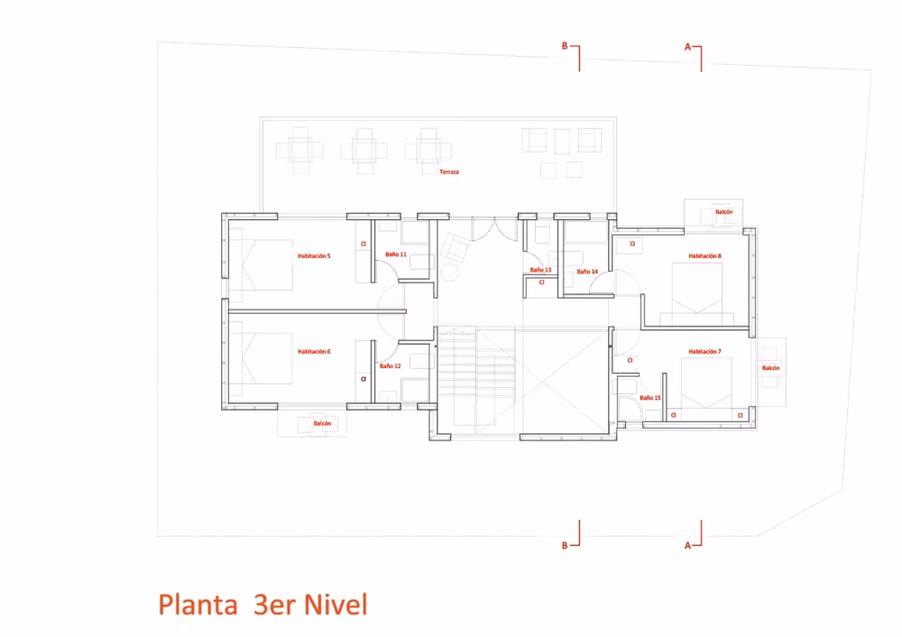 Planta del tercer nivel del Hostal Caracol de FOAA Arquitectos, con terraza superior
