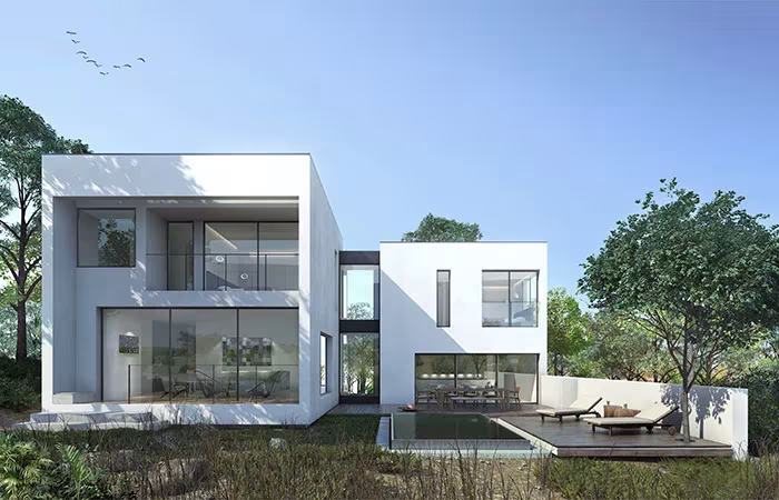 Recreación de una villa blanca de ÁBATON y Woods Bagot en Alicante, con volúmenes cúbicos y estanque
