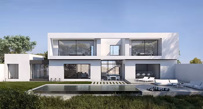 Recreación de una villa mediterránea de dos plantas de ÁBATON con piscina alargada y jardín