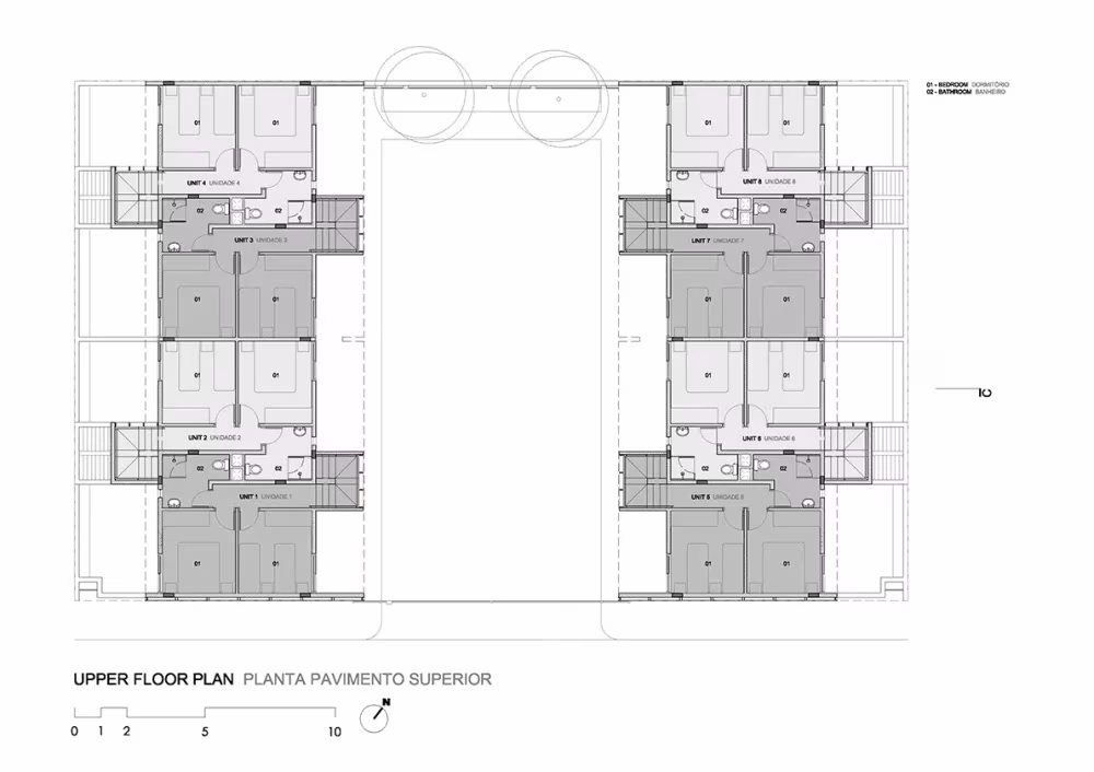 Planta superior de las Casas AV de Corsi Hirano Arquitetos, con los dormitorios de cada vivienda