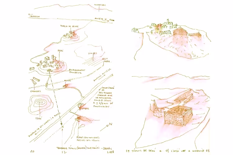Bocetos de Toni Gironès con el emplazamiento del dolmen de Seró, el paisaje y primeras ideas del volumen
