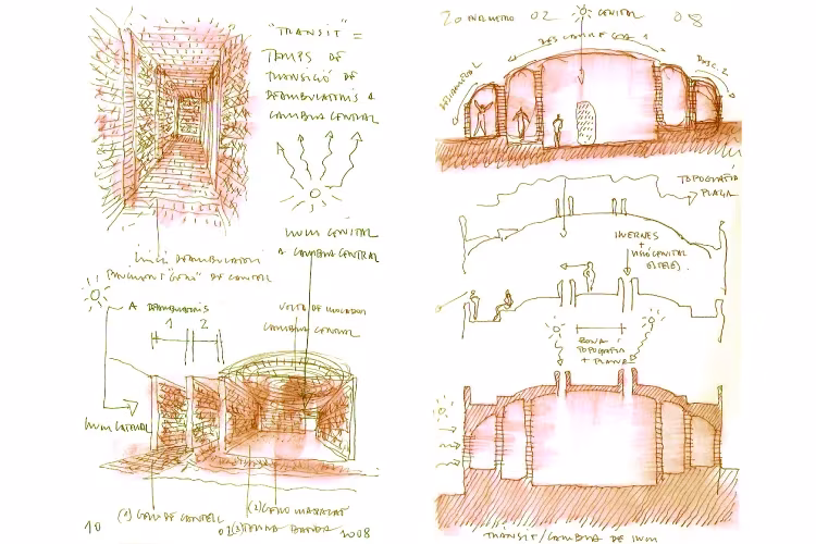Bocetos en sección y perspectiva del Espacio Transmisor del dolmen de Seró con bóvedas y anotaciones