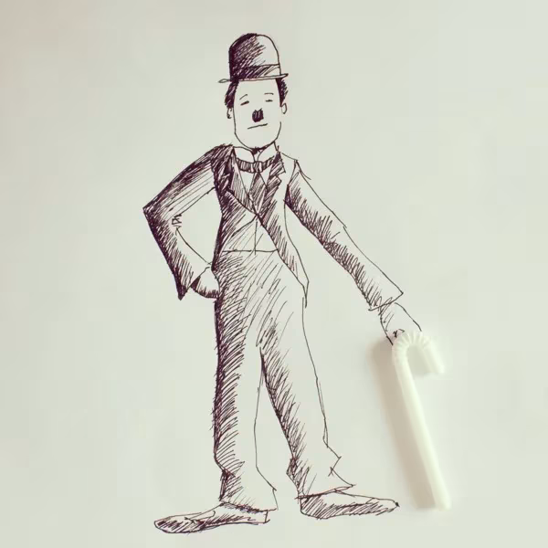 Ilustración de Cintascotch de Charlot dibujado a tinta con una pajita blanca como bastón