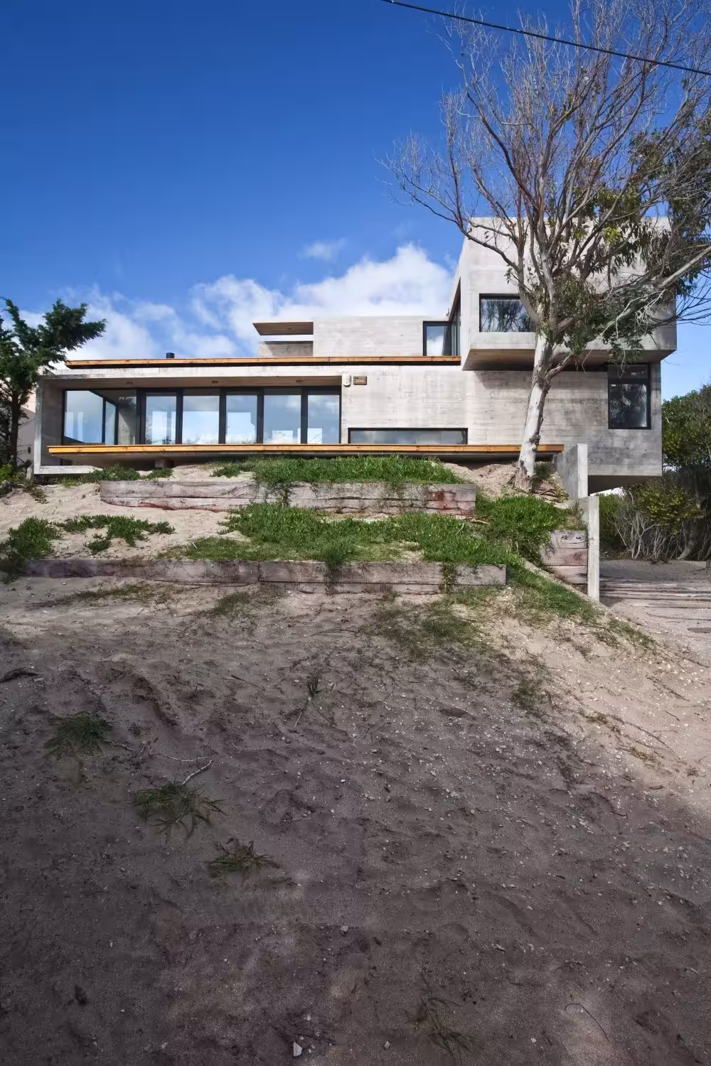 Casa en la Playa de BAK Arquitectos asomando sobre una duna de arena con hierba y un árbol