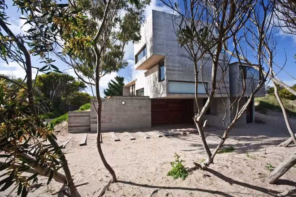 Casa en la Playa de BAK Arquitectos vista entre árboles retorcidos sobre un suelo de arena