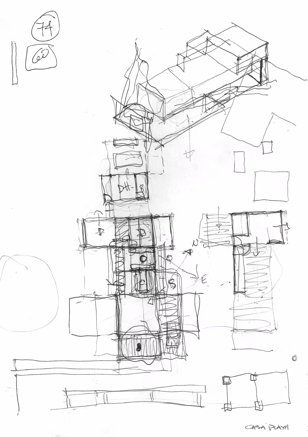 Boceto a mano de la Casa en la Playa con perspectivas y esquemas de planta superpuestos