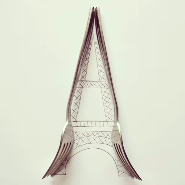 Ilustración de Cintascotch: dos tenedores curvados forman la torre Eiffel completada con líneas