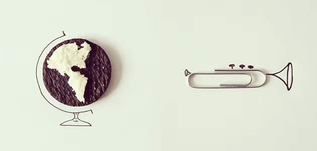 Ilustración de Javier Pérez con una galleta como globo terráqueo y un clip como trompeta