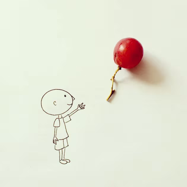 Niño dibujado a lápiz que alcanza una uva roja convertida en globo, de Javier Pérez