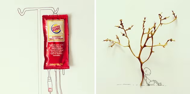 Sobre de kétchup como bolsa de suero y árbol hecho con una rama seca junto a una figura dibujada