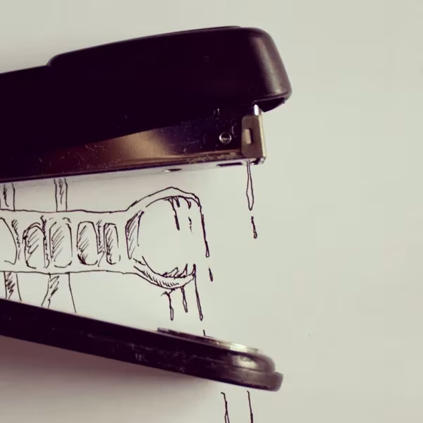 Ilustración de Cintascotch: una grapadora abierta se convierte en la boca dentada de un monstruo dibujado