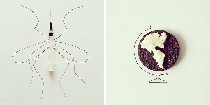 Jeringuilla convertida en mosquito y galleta como globo terráqueo, ilustraciones con objetos cotidianos