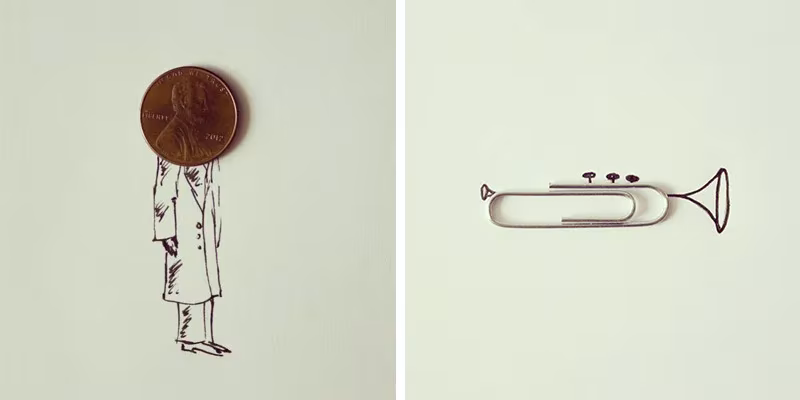 Moneda como cabeza de un personaje dibujado con gabardina y clip doblado en forma de trompeta