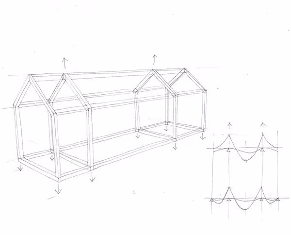 Croquis a lápiz de la estructura de la Casa Transportable ÁPH80 con módulos a dos aguas