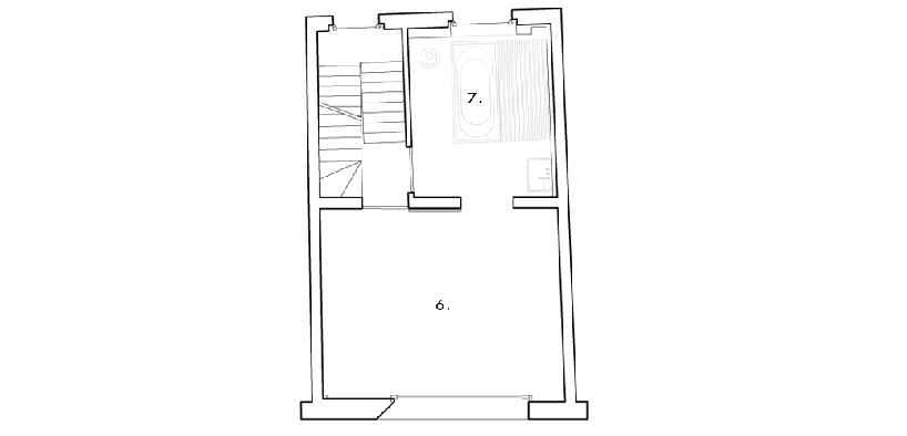 Plano de planta de la Casa KCV de Graux & Baeyens en Malinas con escalera y estancia principal