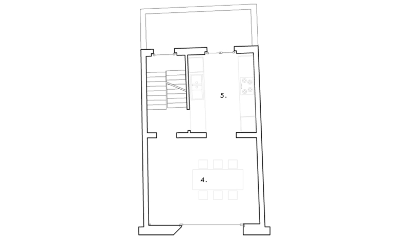 Plano de planta baja de la Casa KCV con escalera, cocina y comedor