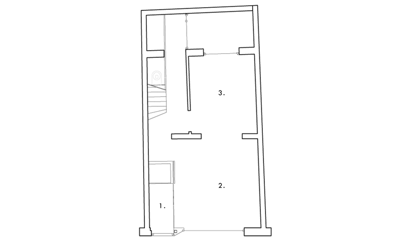 Plano de planta de acceso de la Casa KCV con entrada, escalera y estancias numeradas