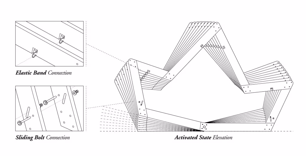 Dibujos de las uniones y alzado del banco cinético Polimórfica de estudiantes de Columbia GSAPP