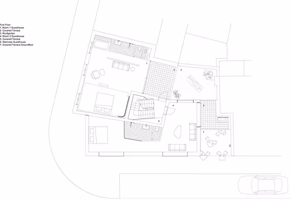Planta de habitaciones del Little Willy en Bruselas con dormitorios, baños y terraza ajardinada
