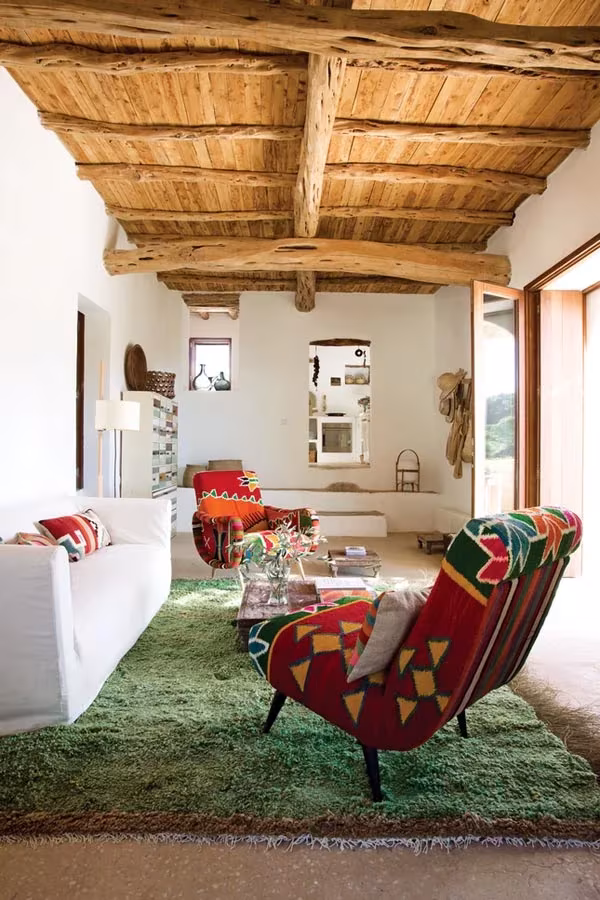 Salón de la casa de Nani Marquina en Ibiza con techo de vigas, alfombra verde y butacas estampadas