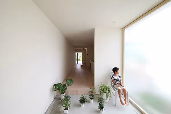 Niño sentado junto a un ventanal translúcido rodeado de plantas en el estrecho interior de la Imai House