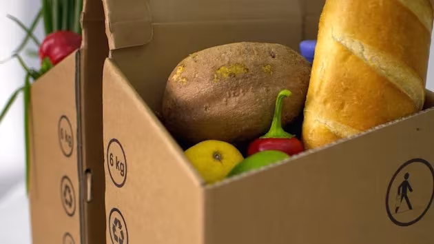 Interior de una alforja de cartón Packtasche con pan, patata, limón y pimientos