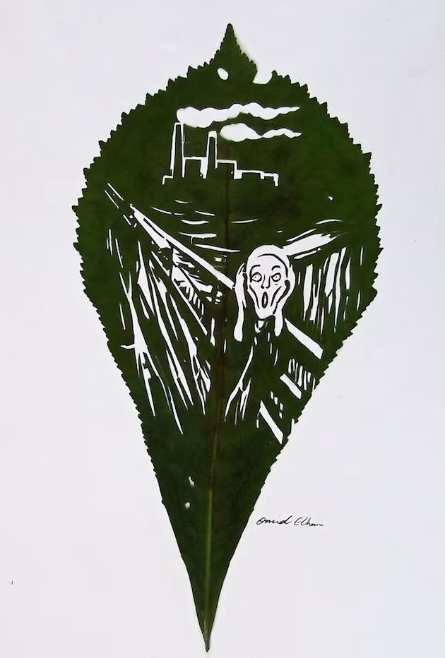 Hoja verde tallada con una versión de El grito de Munch y chimeneas industriales