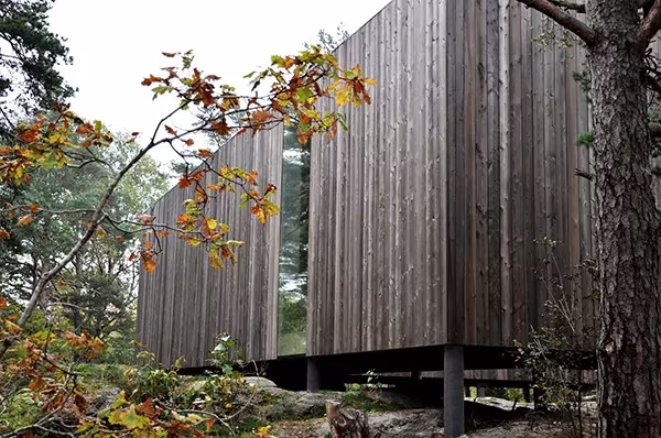 Lateral de madera de la Casa Cubo en Veierland elevado sobre la roca, con ramas de hojas otoñales delante