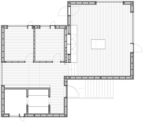 Planta de la Vega Cottage de Kolman Boye Architects con dormitorios, baño y gran sala de suelo de tablas