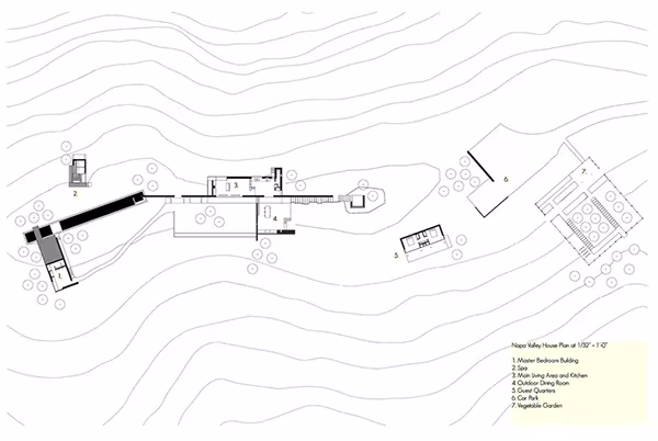 Plano de situación de la NAPA House de Steven Harris con los volúmenes en hilera sobre las curvas de nivel