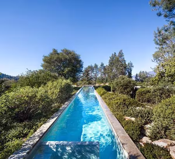 Piscina larga y estrecha de la NAPA House de agua azul entre vegetación densa bajo un cielo despejado