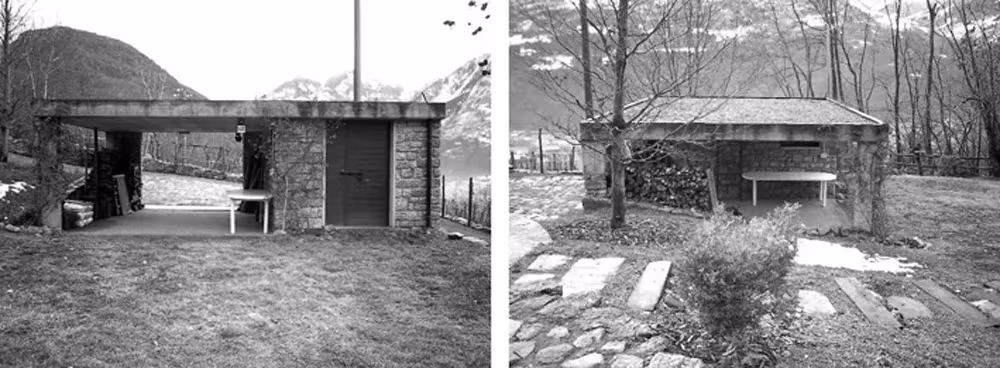 Dos fotografías en blanco y negro del antiguo garaje de piedra en el bosque antes de convertirse en Green Box