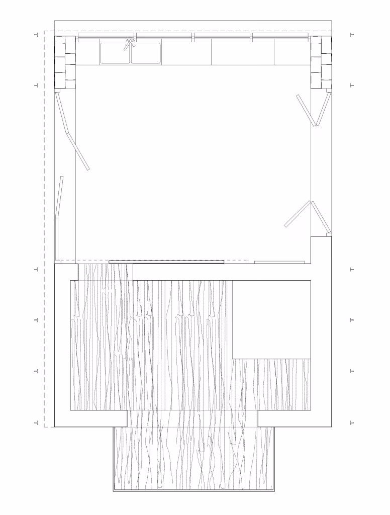 Planta del refugio Green Box de act romegialli con el interior y la zona cubierta de vegetación