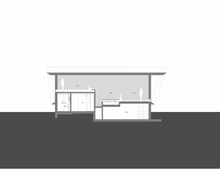 Sección transversal de la Beach House de Yamamori Architects con la losa de cubierta y el sótano