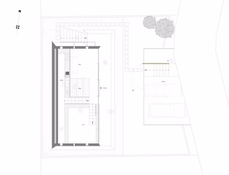Planta superior de la Beach House de Yamamori Architects con escalera y terraza