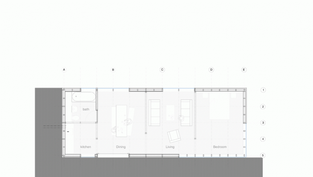 Planta del Stealth Barn de Carl Turner Architects con cocina, comedor, salón y dormitorio en línea