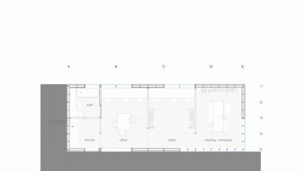 Planta alternativa del Stealth Barn como espacio de trabajo, con cocina, despachos y sala de reuniones