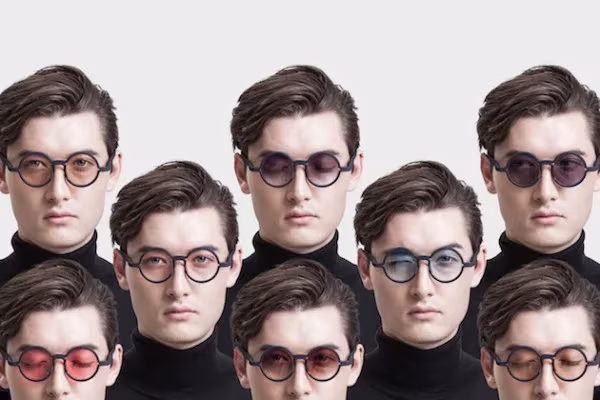 Mosaico de retratos de un mismo modelo con jersey negro probando gafas redondas MONO con lentes de distintos colores