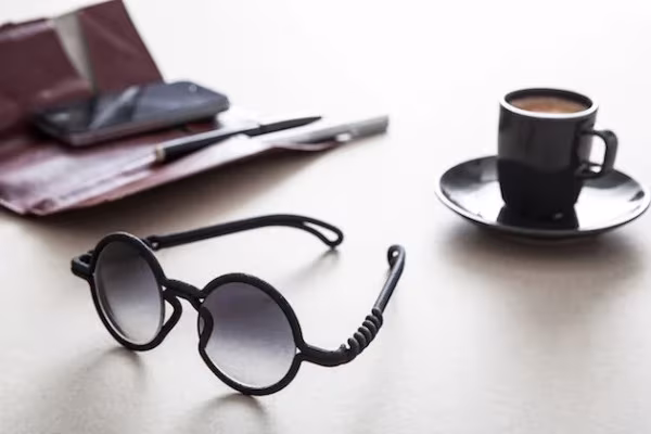 Gafas de sol redondas MONO negras impresas en 3D junto a un café expreso y una cartera sobre una mesa