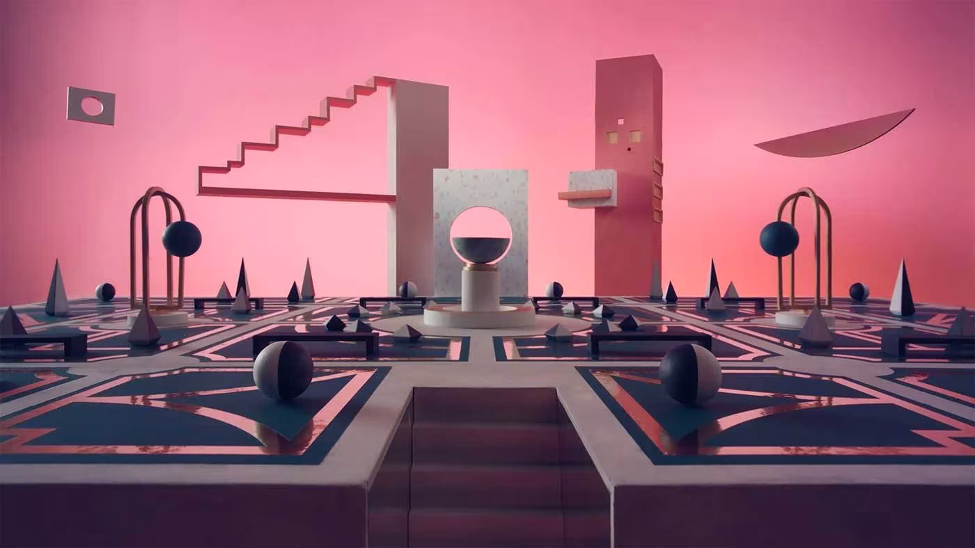 Escenario rosa con escalera, esferas y suelo de baldosas geométricas del cortometraje Club Palace de Caravane
