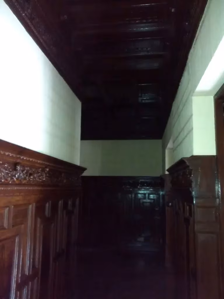 Pasillo de la vivienda de 1927 antes de la reforma, con zócalo de madera tallada y techo oscuro