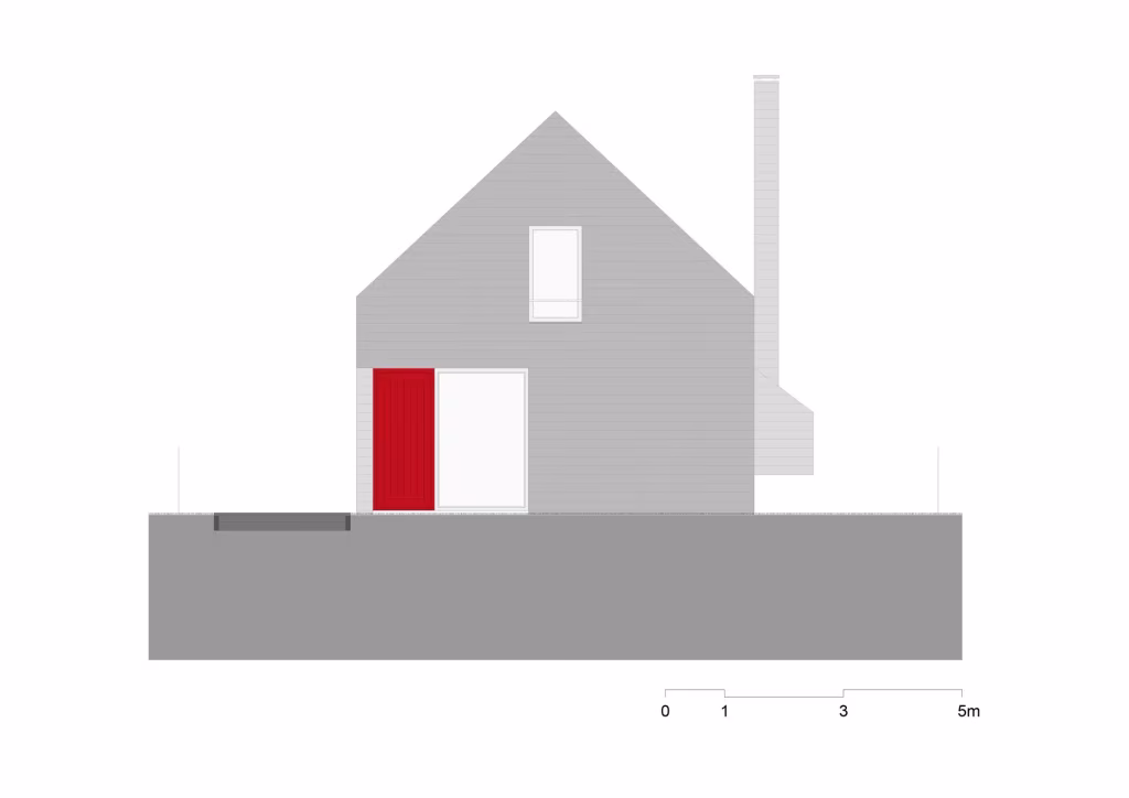 Alzado oeste de una vivienda de Souto de Moura en Sete Cidades con puerta roja y cubierta a dos aguas