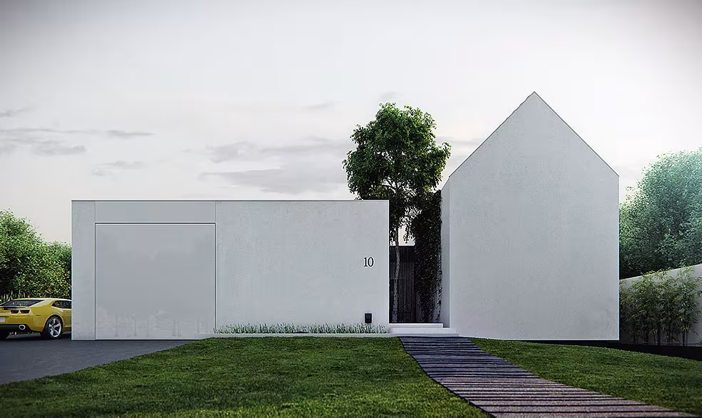 Infografía de la Surprise-house de KMA, con volumen blanco a dos aguas y fachada norte ciega, en Wroclaw