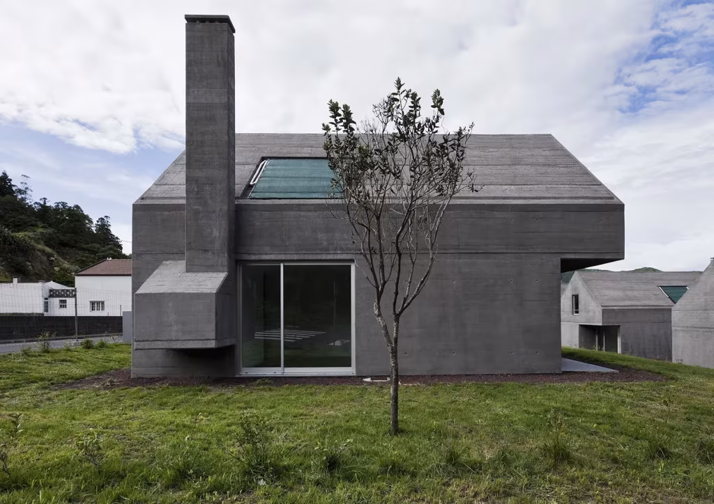 Vivienda de hormigón de Souto de Moura con lucernario, chimenea y un árbol joven delante