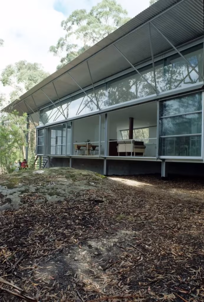 Casa Simpson-Lee de Glenn Murcutt, pabellón elevado de acero y vidrio con cubierta inclinada entre eucaliptos
