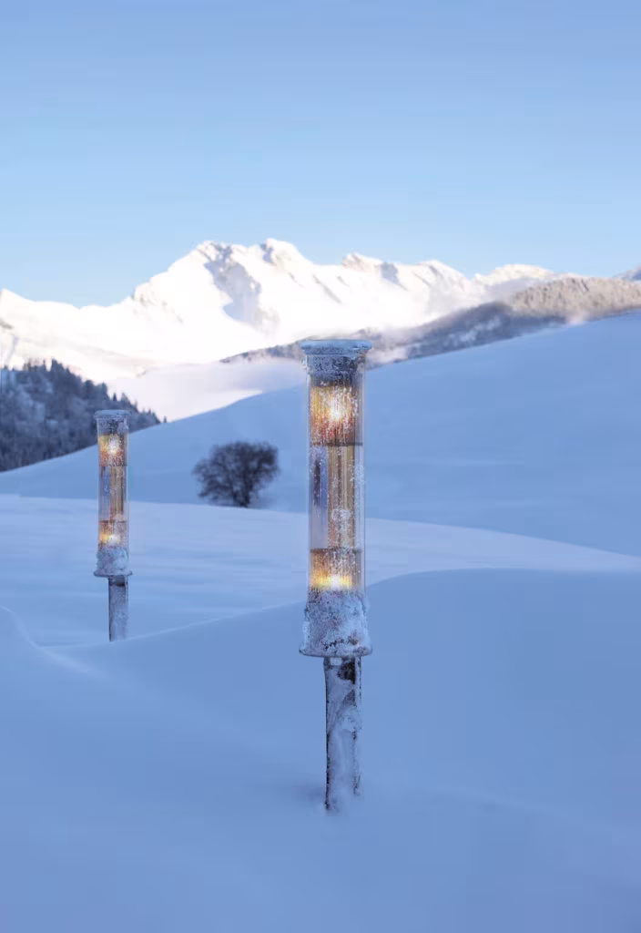 Lámparas de exterior In the Tube de Dominique Perrault clavadas en la nieve con montañas nevadas al fondo