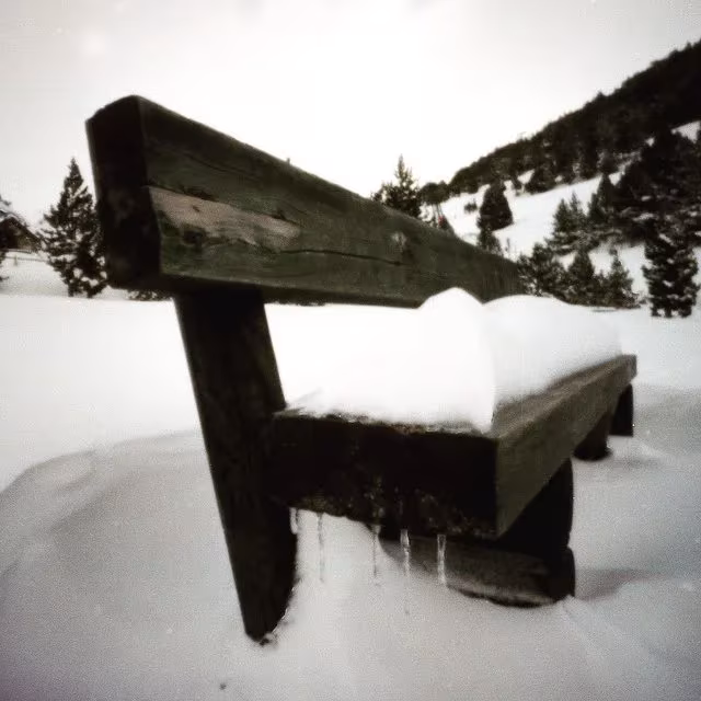 Banco de madera cubierto de nieve en primer plano con laderas de pinos al fondo, en fotografía estenopeica