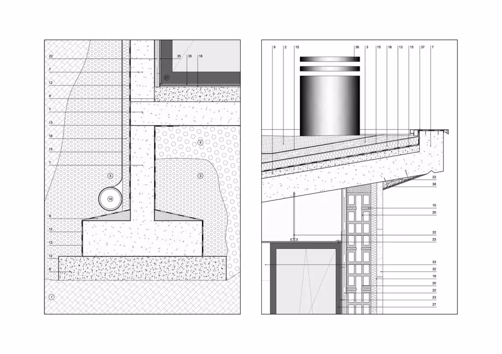 Detalles constructivos 6 y 7 de la Hill Cork House con cimentación, drenaje y remate de cubierta