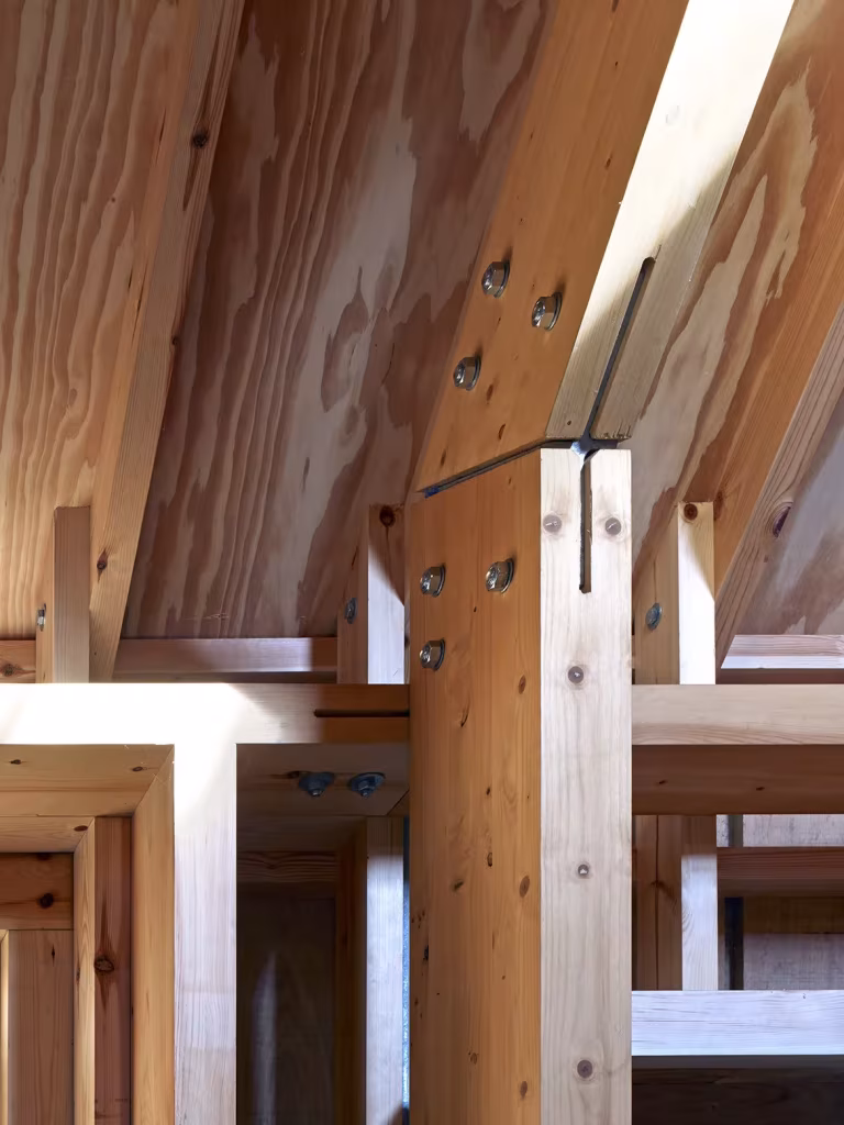 Encuentro de pilares y vigas de madera atornillados en el interior del Long Sutton Studio